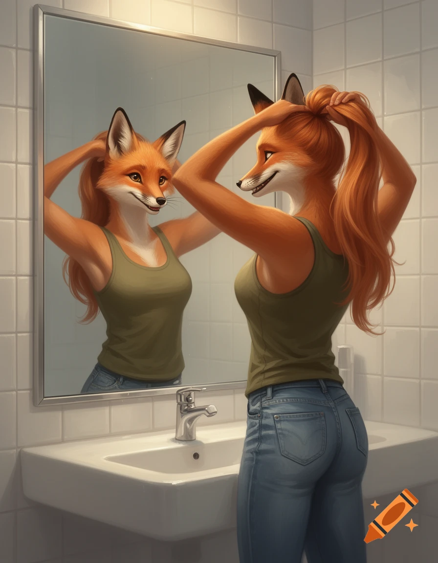 An animated anthro female fox in a tank top and jeans tying her orange hair into a ponytail in a bathroom mirror.