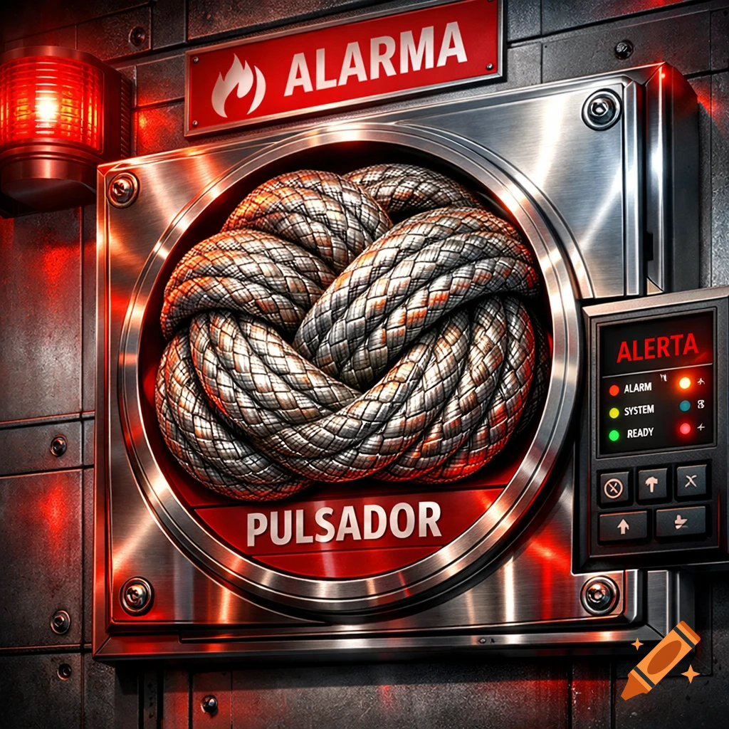Close-up of a metallic industrial fire alarm panel with a braided rope knot acting as a button, red lights, and control screen.