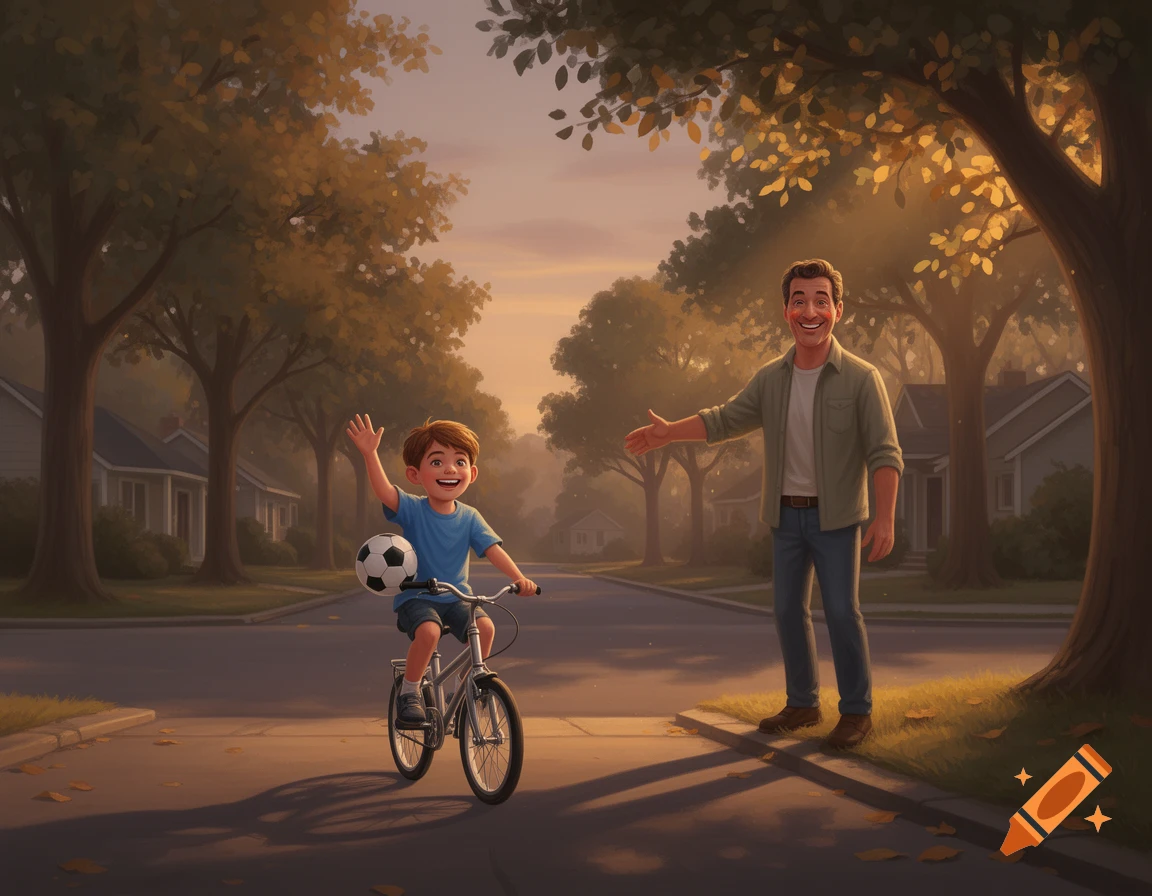 A happy boy on a bicycle, holding a soccer ball and waving, greets his dad on a tree-lined street at sunset in an illustration.