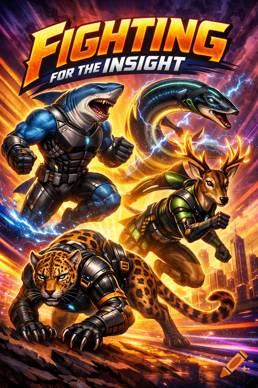 Vibrant comic art poster with 'FIGHTING FOR THE INSIGHT' title, featuring armored superhero shark, eel, deer, and leopard.