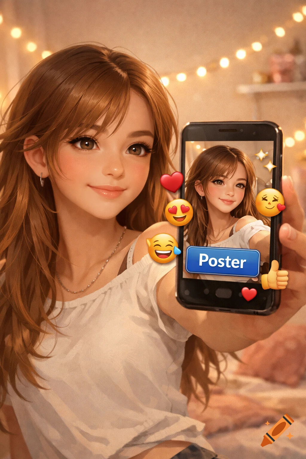 A stylized girl with light brown hair holds up a phone, preparing to post a selfie seen on the screen with a "Poster" button and emojis.