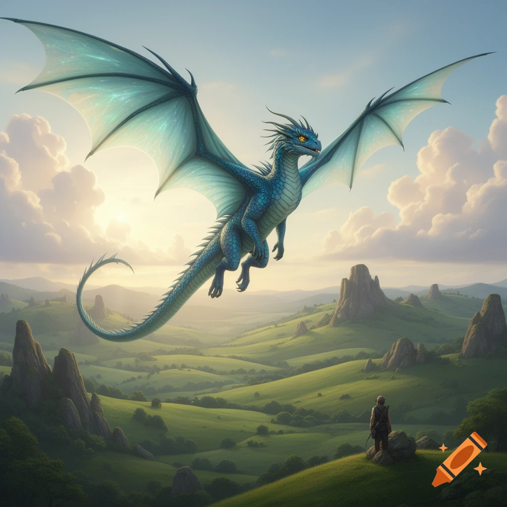 A blue dragon with glowing wings flies over a lush green valley with ...
