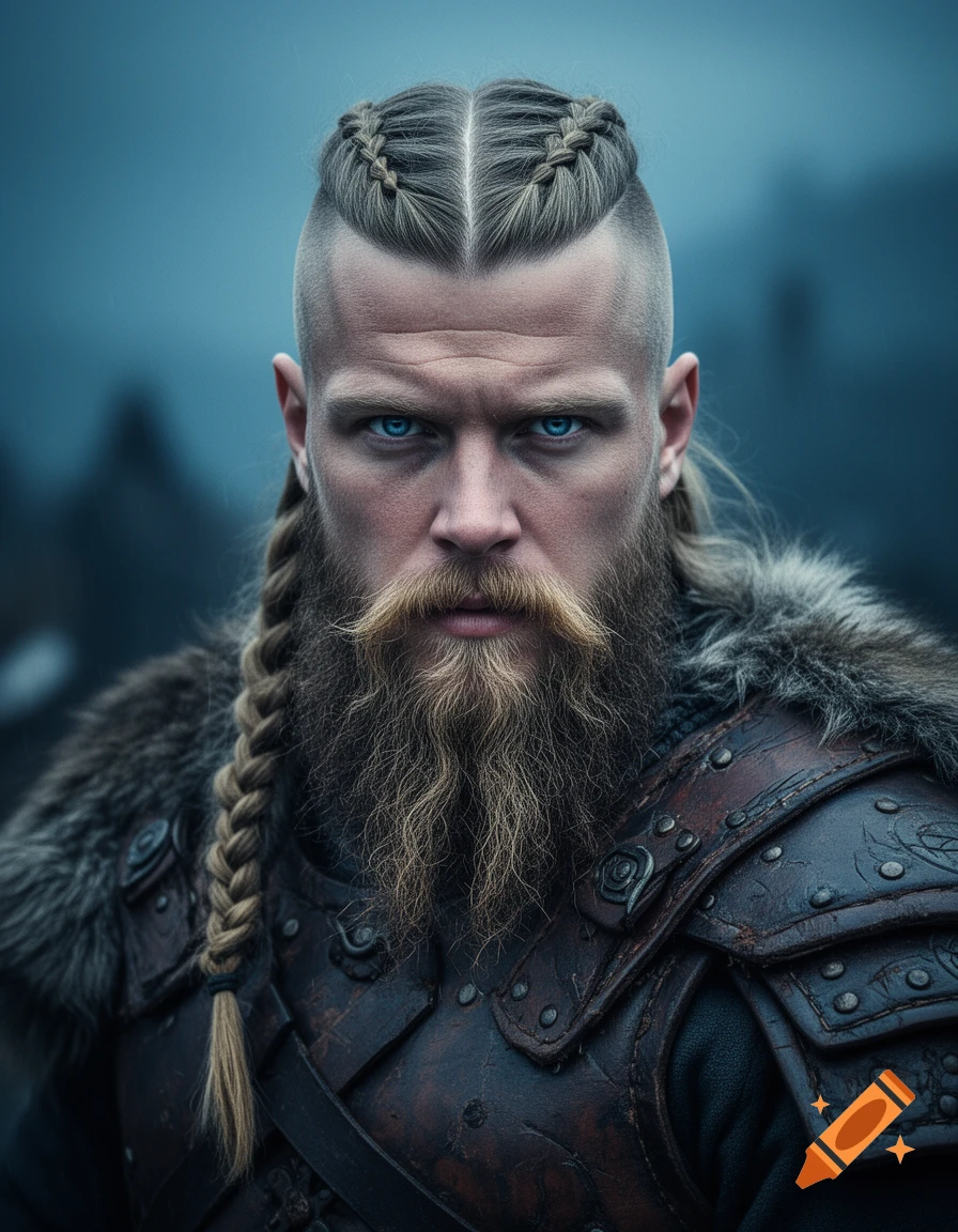 A hyper-realistic portrait of a fierce Viking warrior with braided hair, a thick beard, and piercing blue eyes, wearing leather and fur armor.