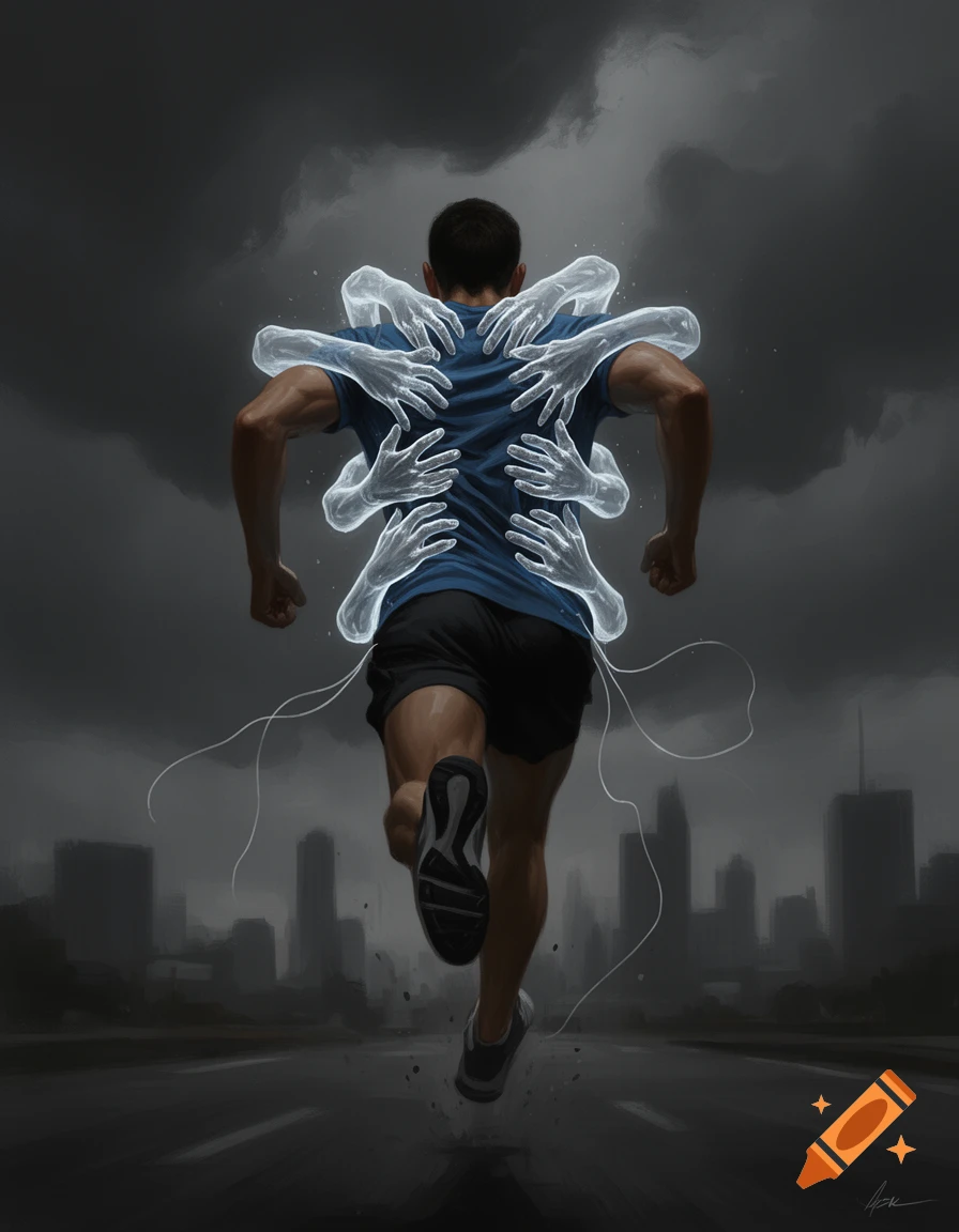 A man in athletic wear runs away from the viewer on a dark road towards a city skyline, with many translucent, glowing hands grabbing his back and shirt.