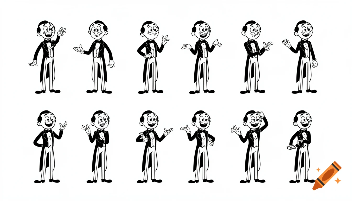 Ten black and white cartoon men in tailcoats, with rubber-hose limbs and pie-cut eyes, posing in a vintage animation style.