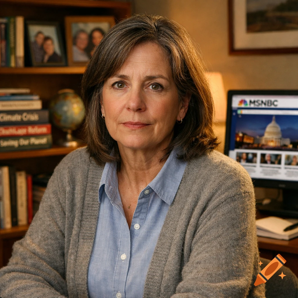 A serious, mature woman with grey hair sits in a home office, books about climate and healthcare on shelves, MSNBC on a monitor.