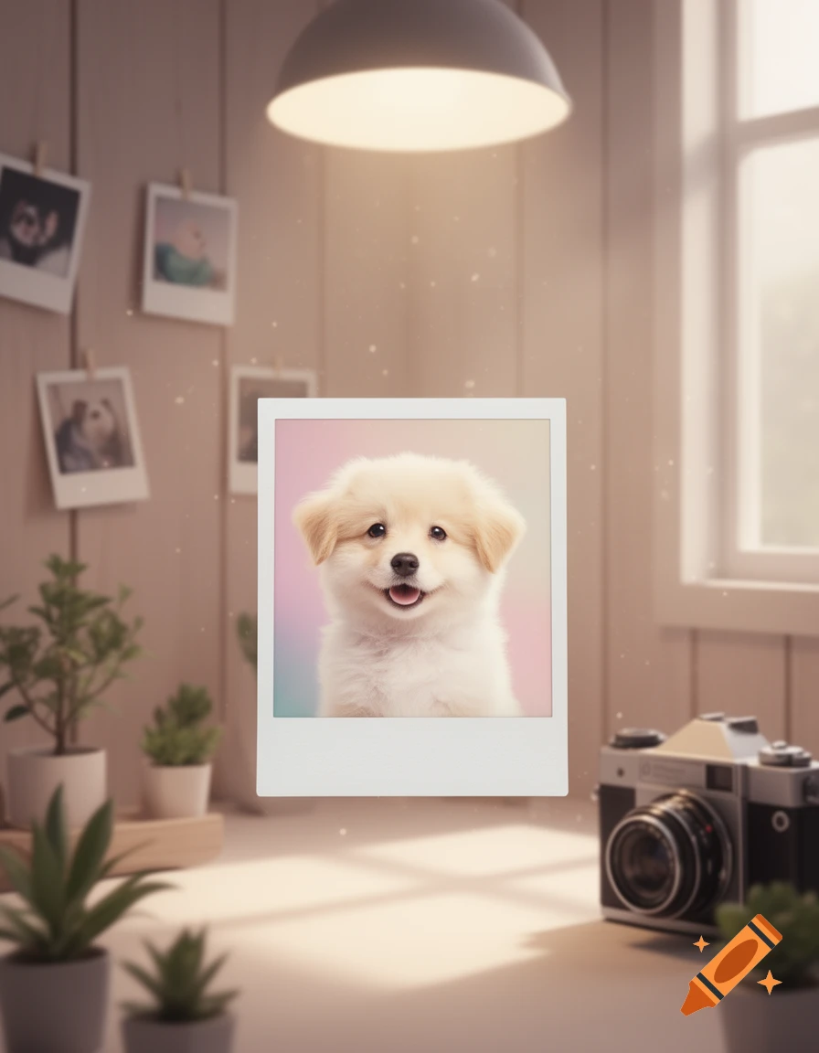 A close-up of a fluffy golden puppy with its mouth slightly open, appearing on a polaroid photo, set against a pastel gradient background. The polaroid floats in a cozy room with plants, a vintage camera, and hanging photos, bathed in soft, warm light.