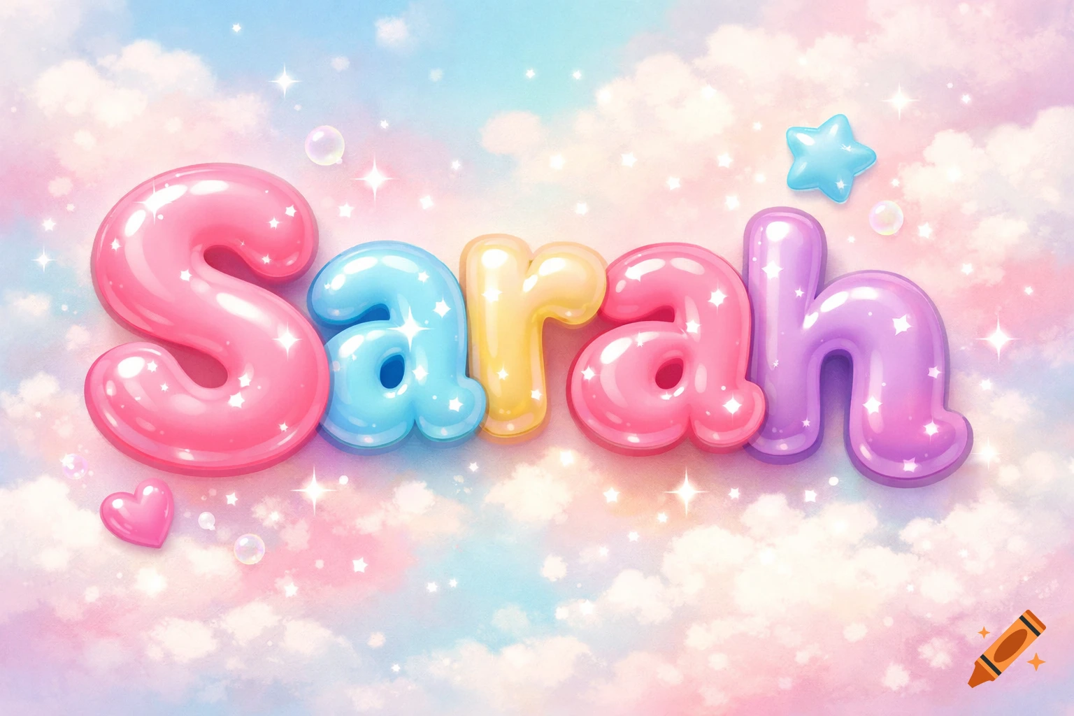 The name Sarah in colorful glossy bubble letters, floating on a pastel cloud background with sparkles and a small heart.