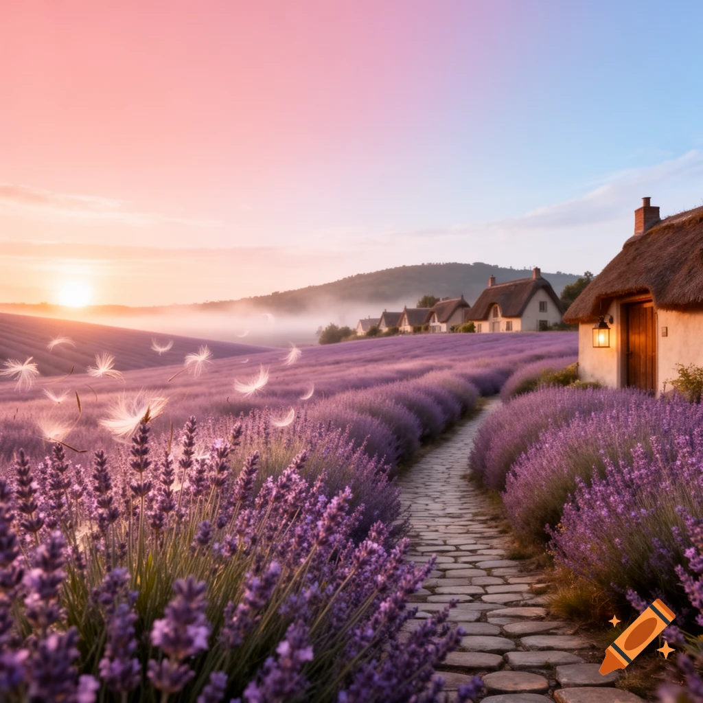 A stone path winds through a vibrant purple lavender field towards ...