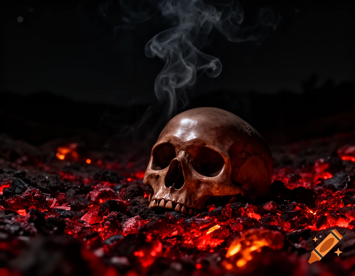 A human skull lies among glowing red embers and ashes in a very dark, smoky, and dramatic setting.