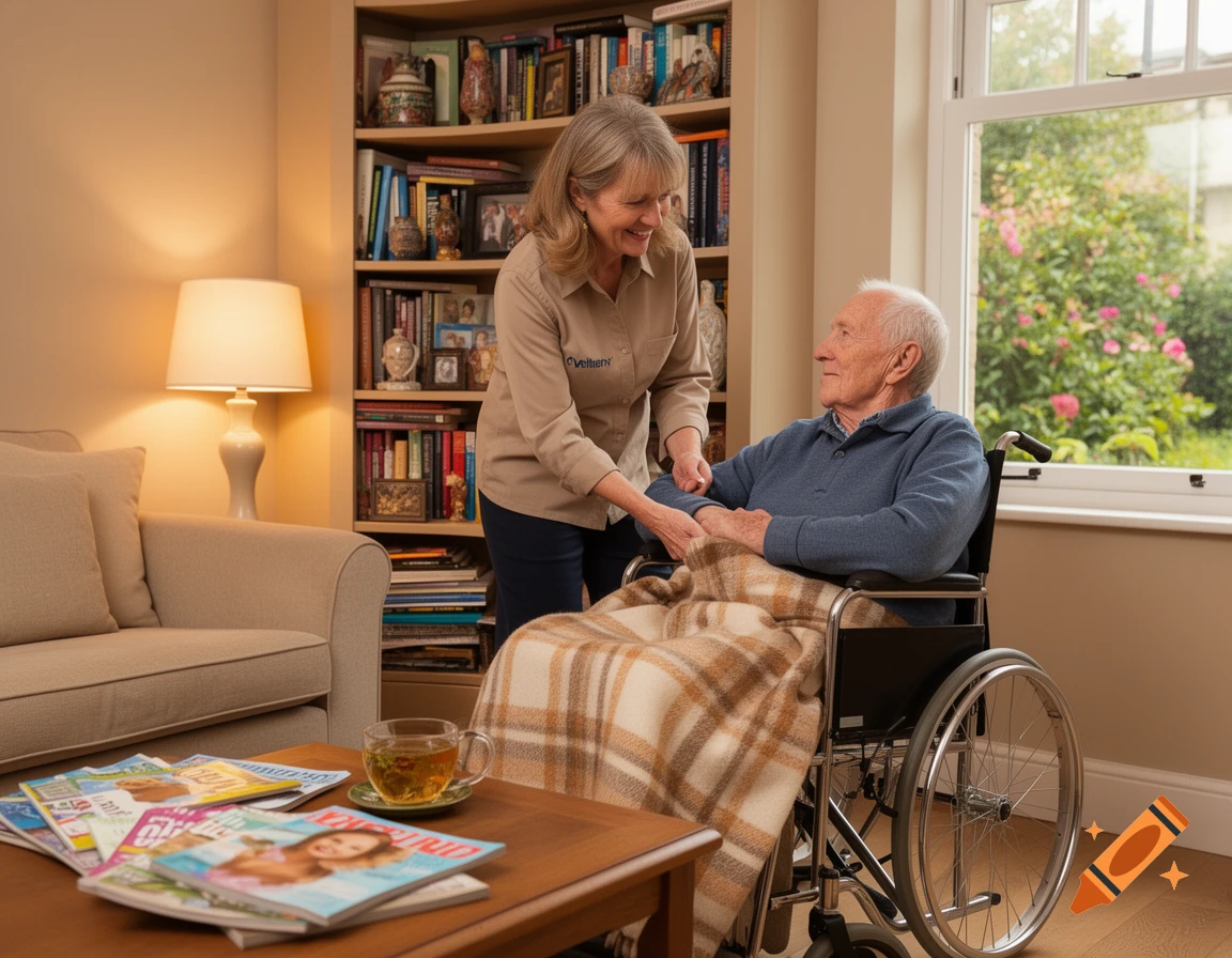 A female caregiver smiles while gently holding the hand of an elderly man in a wheelchair in a cozy living room.