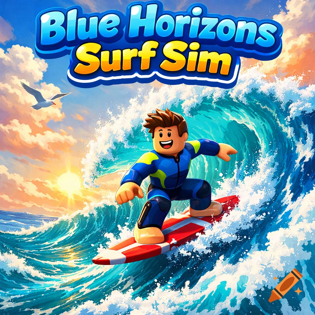A cartoon Roblox-style character surfs a huge blue wave under a bright sky, with the title 'Blue Horizons Surf Sim'.