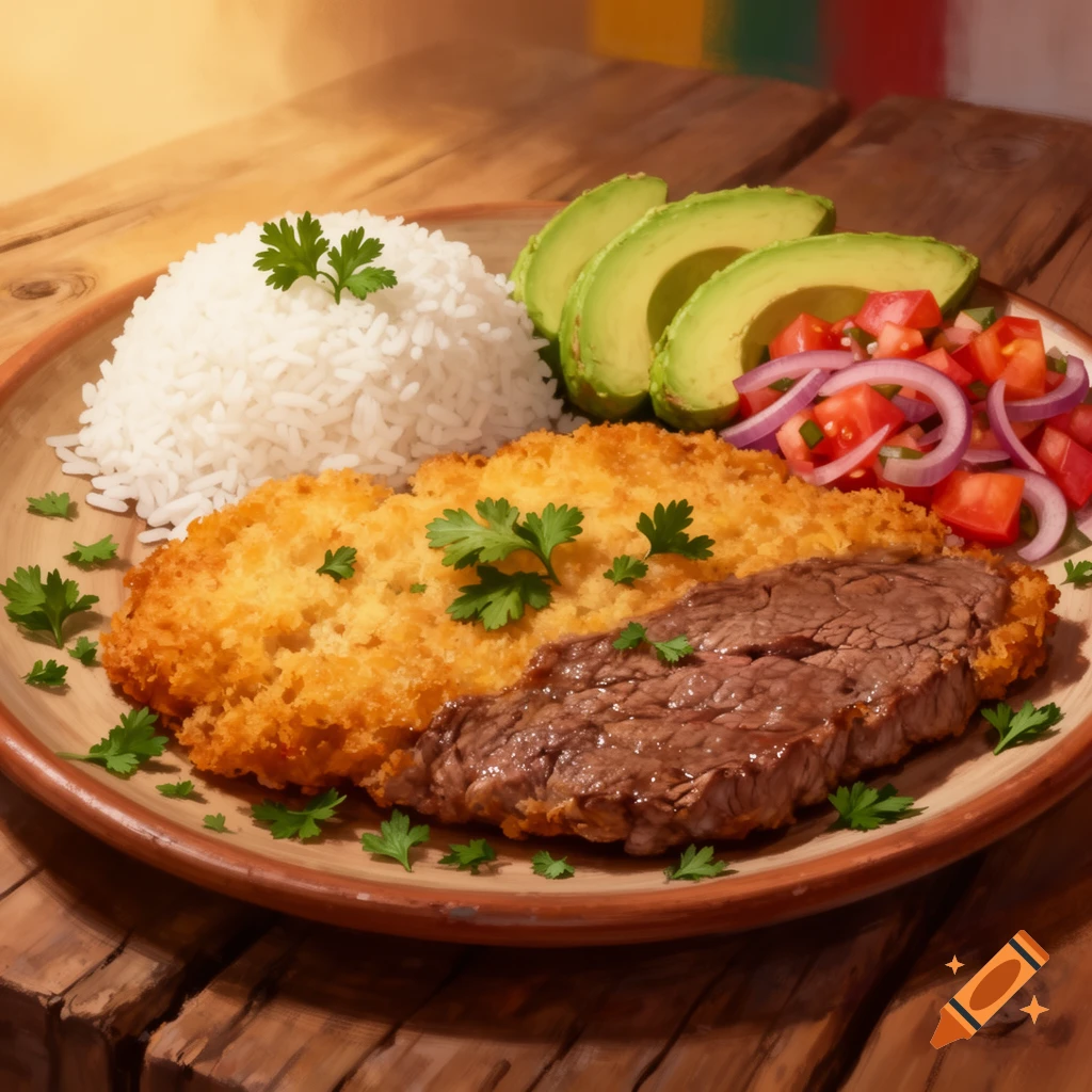 A plate of Bolivian Silpancho with breaded cutlet, steak, white rice, sliced avocado, and a tomato-onion salsa on a wooden table.