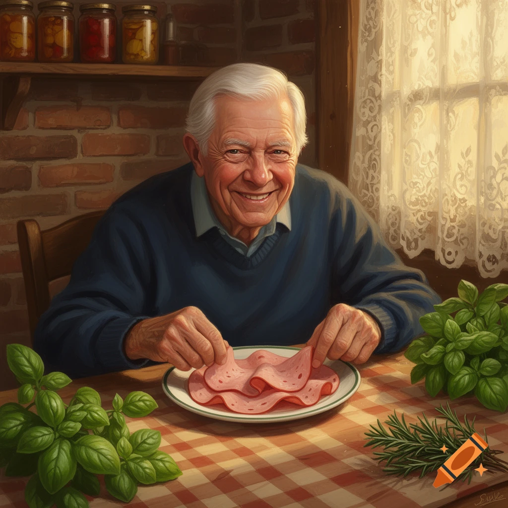 A smiling elderly man with white hair sits at a rustic table, holding slices of cold meat from a plate, with fresh basil and rosemary.