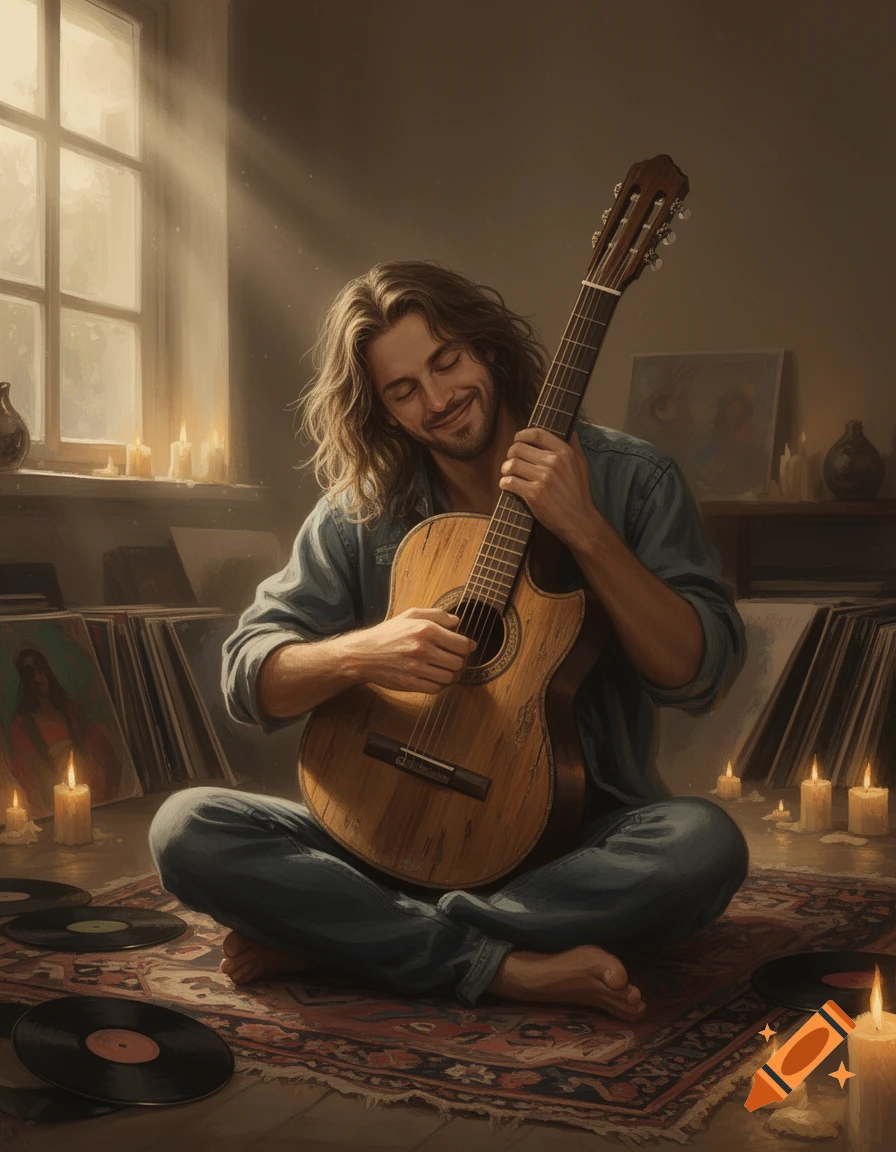 A man with long hair sits cross-legged on a rug, smiling as he plays an acoustic guitar in a candlelit room with records scattered around.
