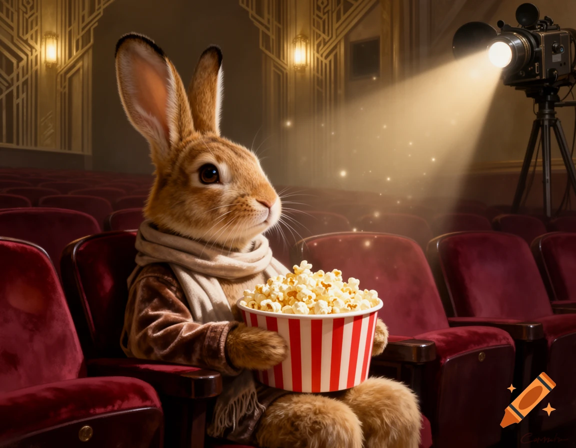 A photorealistic rabbit in a velvet jacket and scarf sits in an ornate movie theater, holding popcorn. A projector beam lights the scene.