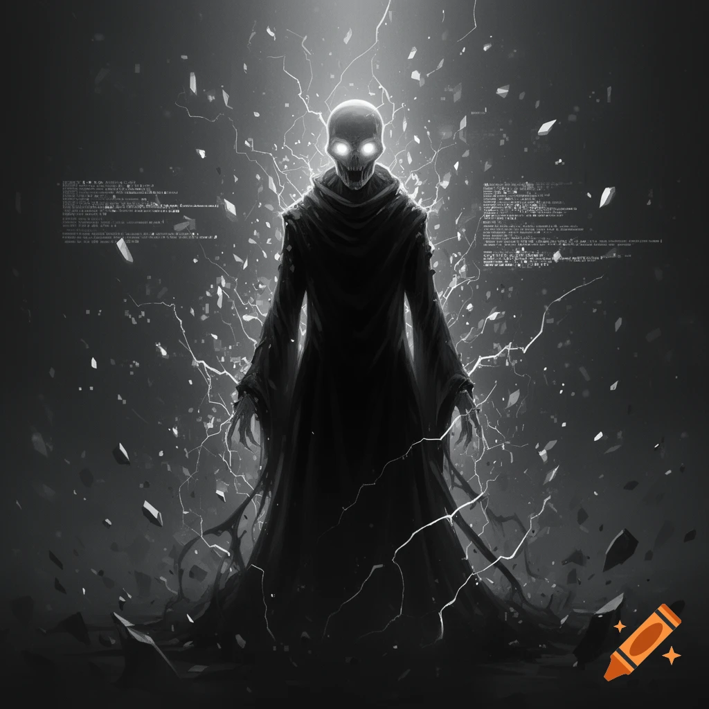 A skeletal figure with glowing eyes in a dark cloak stands amidst ...