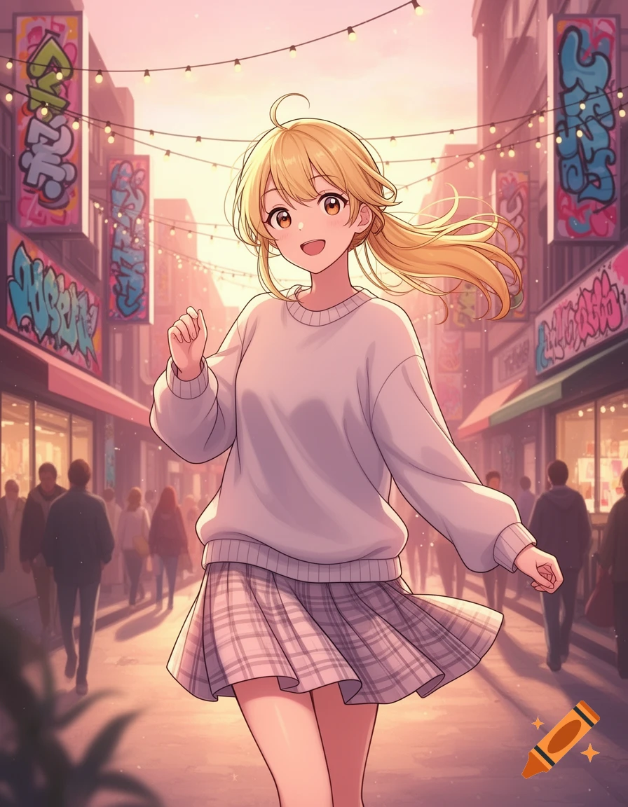 An anime girl with blonde hair, wearing a white sweater and plaid skirt, smiles while walking down a bustling street with shops and string lights at sunset.