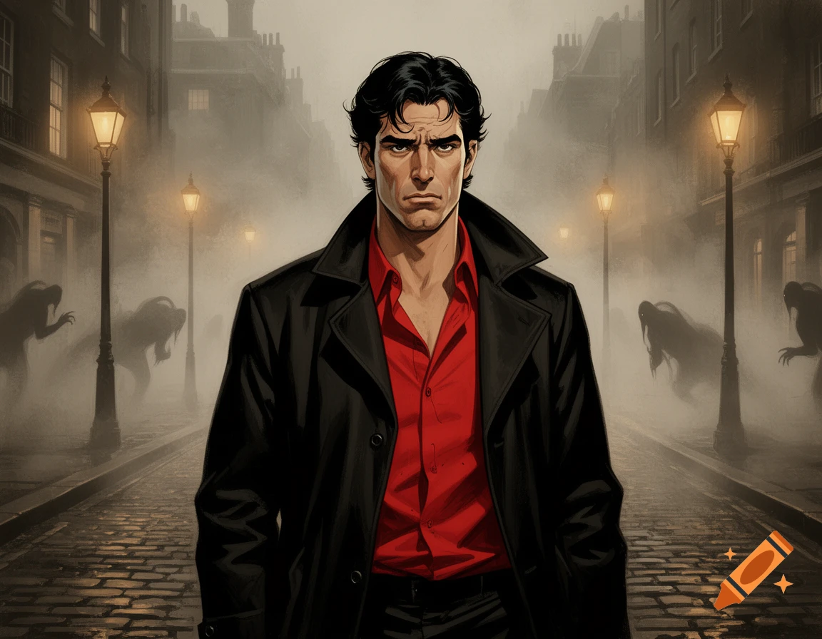 Comic book art of a serious man in a black trench coat and red shirt on a foggy, cobblestone street, with shadowy monsters in the background.