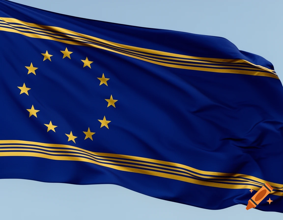 A blue flag with a circle of twelve yellow stars and additional horizontal yellow stripes, waving against a light blue sky.