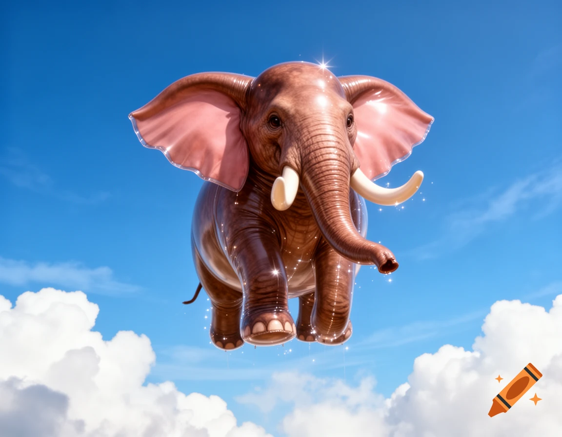 A shiny, inflated, brown elephant balloon with pink ears and white tusks floats gracefully in a bright blue sky among white clouds.
