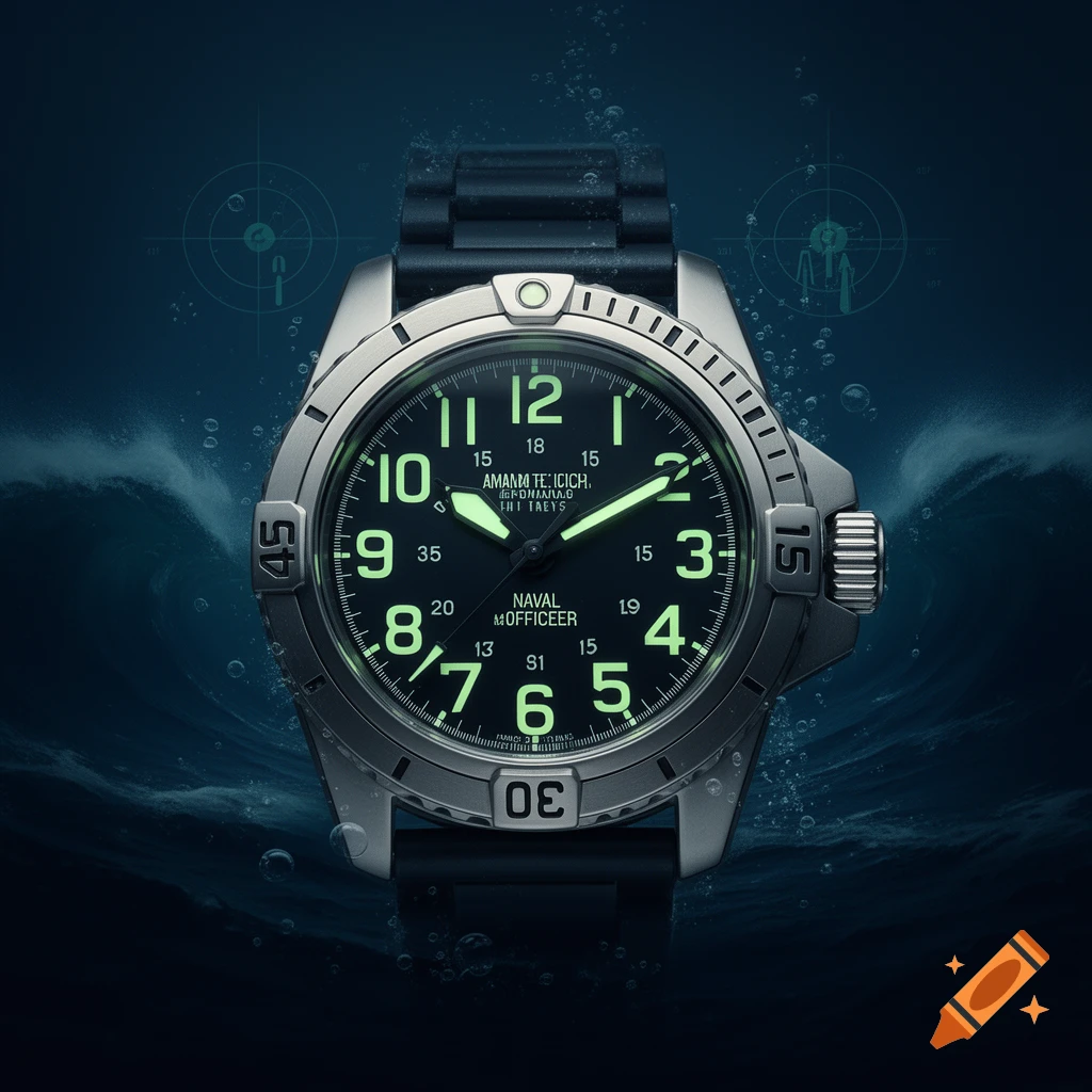 A detailed photorealistic image of a silver military dive watch with a black face and glowing green numbers, partially submerged in dark water with bubbles.