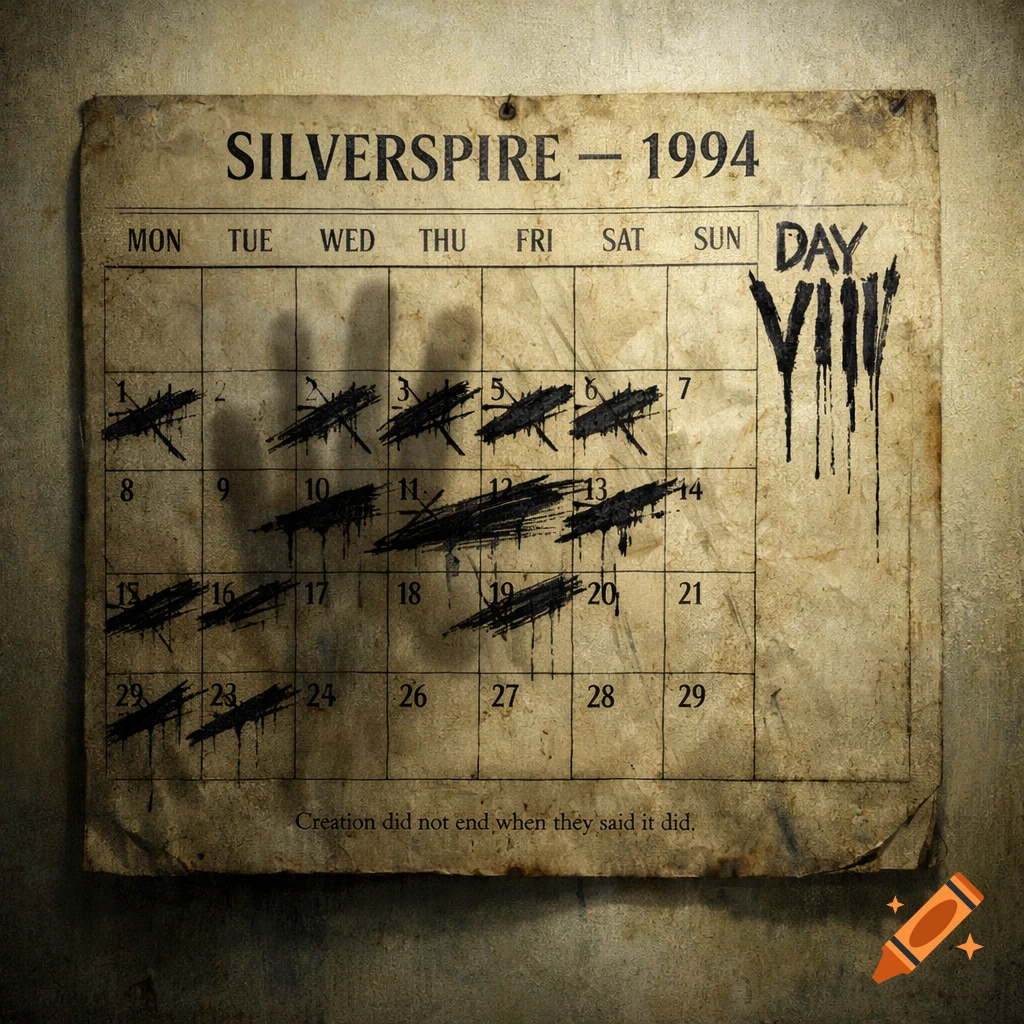 An old, weathered wall calendar titled "SILVERSPIRE - 1994" with many days violently crossed out with dripping black ink. "DAY VIII" is written vertically on Sunday, and small text at the bottom reads: "Creation did not end when they said it did."