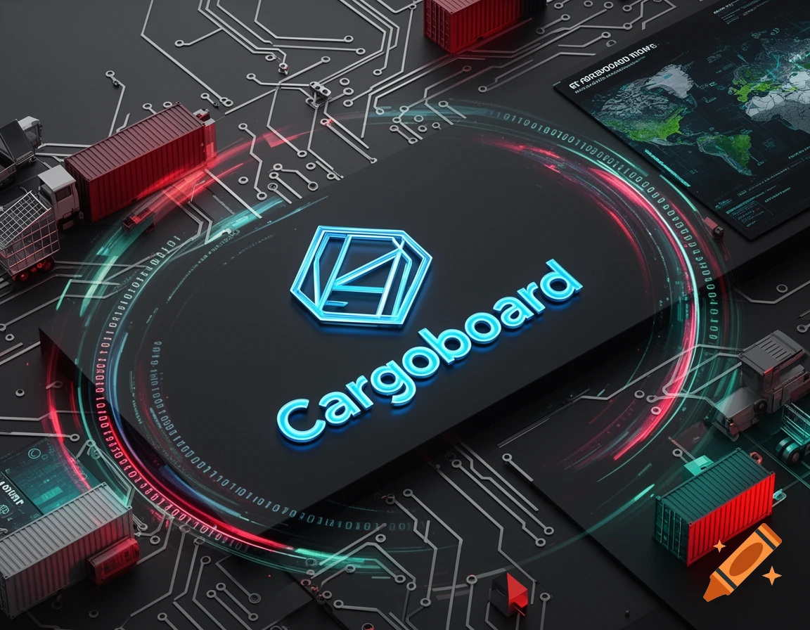 Digital illustration of a circuit board with trucks, shipping containers, binary code, and a glowing 'Cargoboard' logo and text.