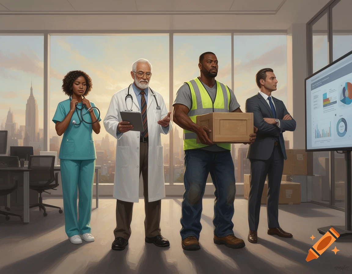 A diverse group of professionals aranged left to right: a nurse, a doctor, a warehouse worker, and a CEO in an office with city views.