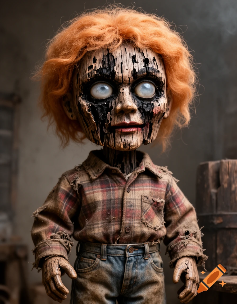A photorealistic, unsettling ventriloquist dummy with matted orange hair, a cracked wooden face, cloudy eyes, a tattered plaid shirt, and weathered jeans.