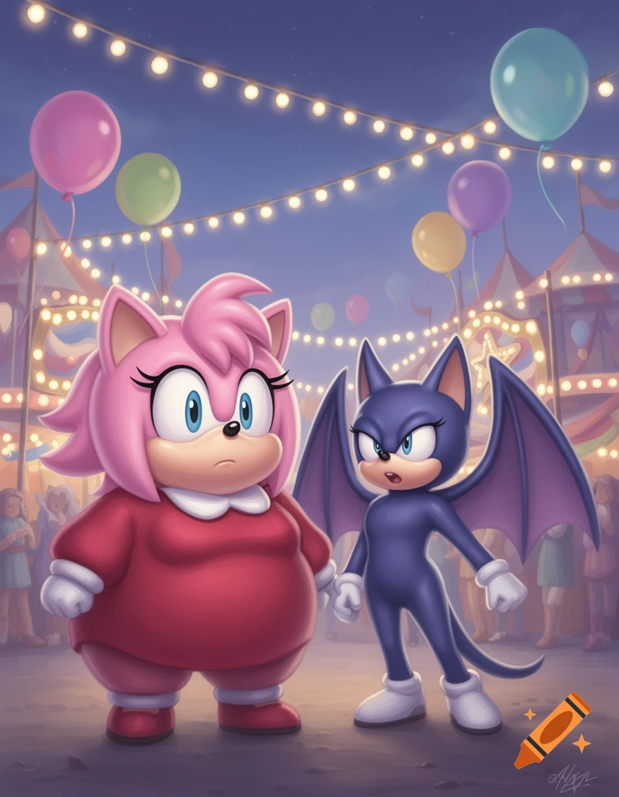 Amy Rose and Rouge the Bat stand in a vibrant carnival setting at night, illuminated by string lights and balloons. Amy is depicted with an inflated, chubby appearance, wearing a red dress, while Rouge wears a dark blue bat suit with wings.