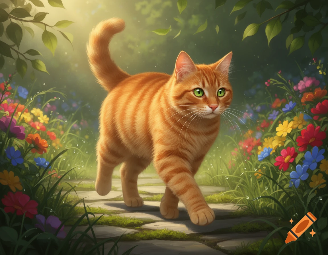 A realistic orange tabby cat with green eyes walks on a sunlit stone path in a colorful flower garden.