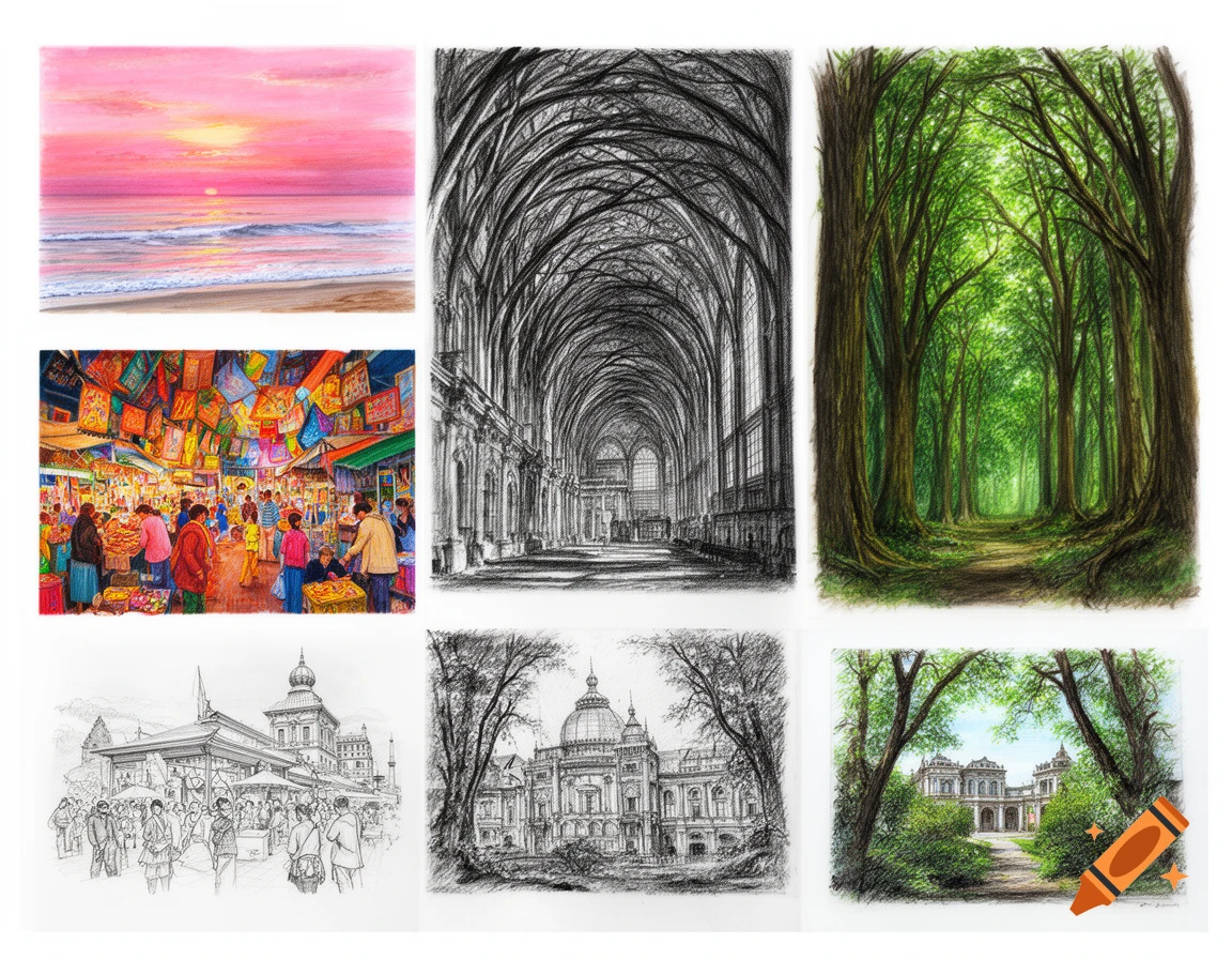 A grid of six diverse drawings: a beach sunset, a gothic archway, a green forest path, a bustling market, and two detailed architectural sketches.