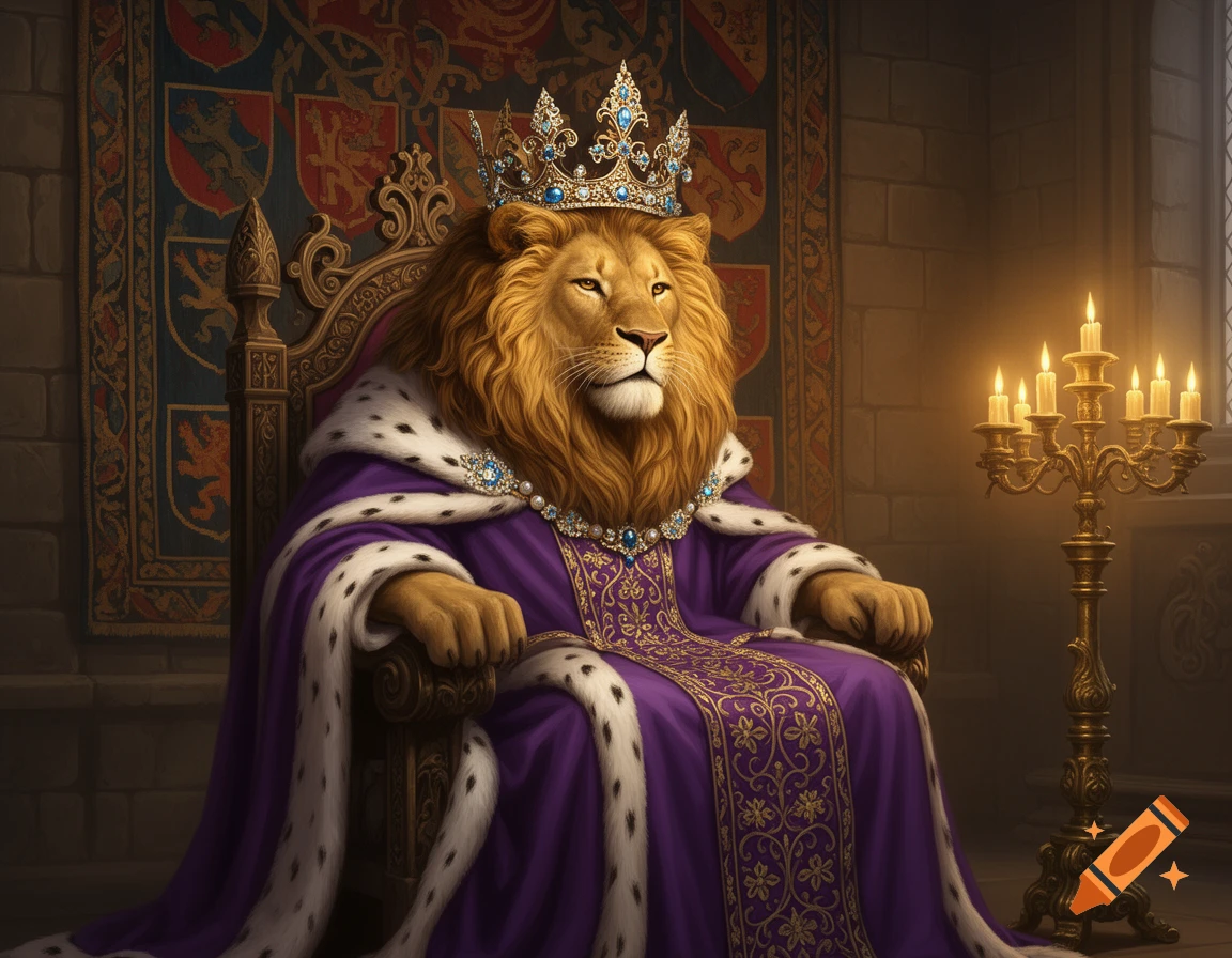 A majestic lion king with a jeweled crown and a regal purple robe sits on a golden throne in a stone castle hall.