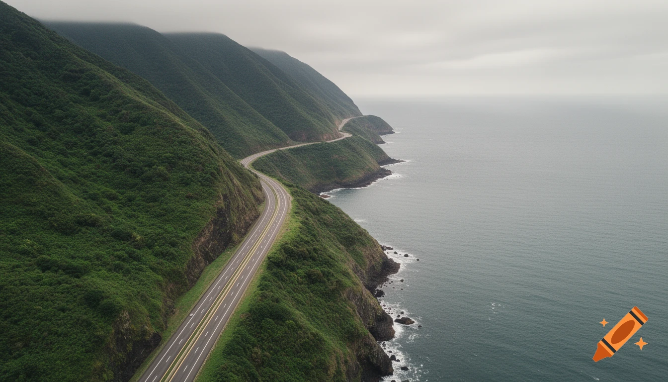 Aerial photo of a winding coastal highway alongside steep, vegetated mountains meeting the ocean under an overcast sky.