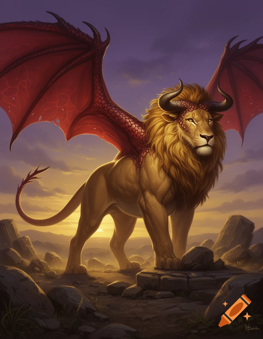 A majestic mythological creature with a lion's body, bull horns, and red dragon wings and tail stands on rocks against a sunset sky.