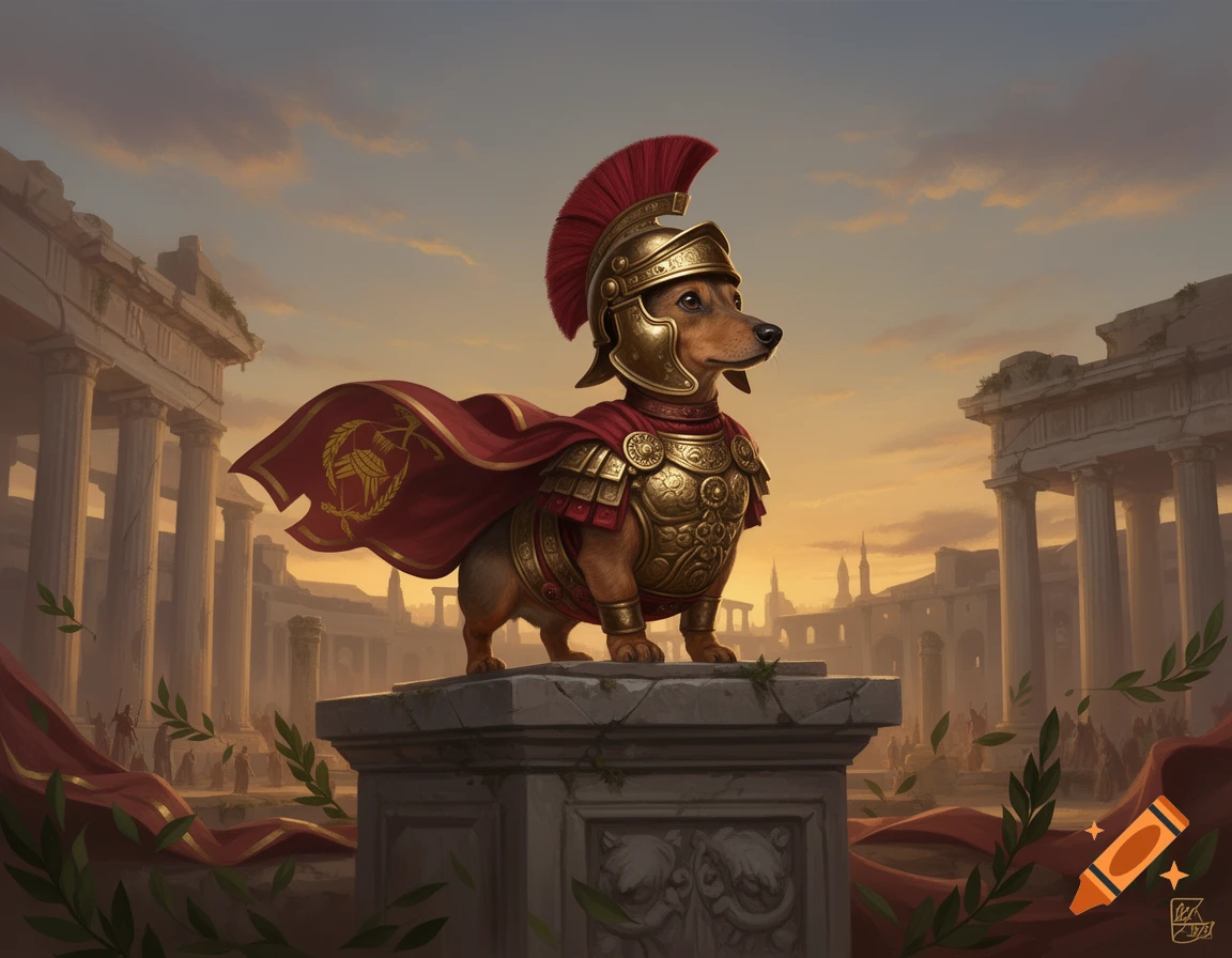 A majestic dachshund dog in golden Roman general armor, a red cape, and a plumed helmet stands on a stone pedestal amidst ancient ruins at sunset.