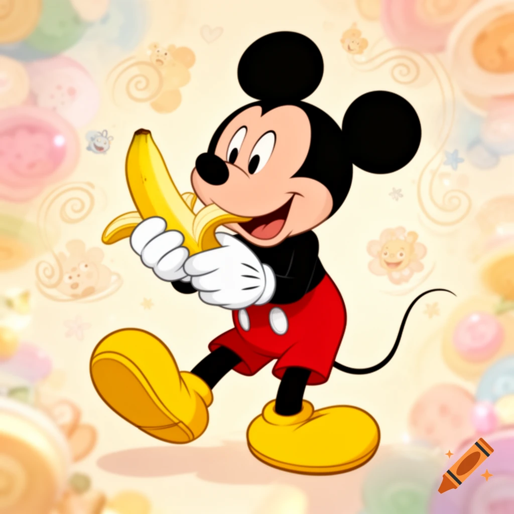Mickey Mouse walking and peeling a banana with a happy expression, surrounded by a light, whimsical background.