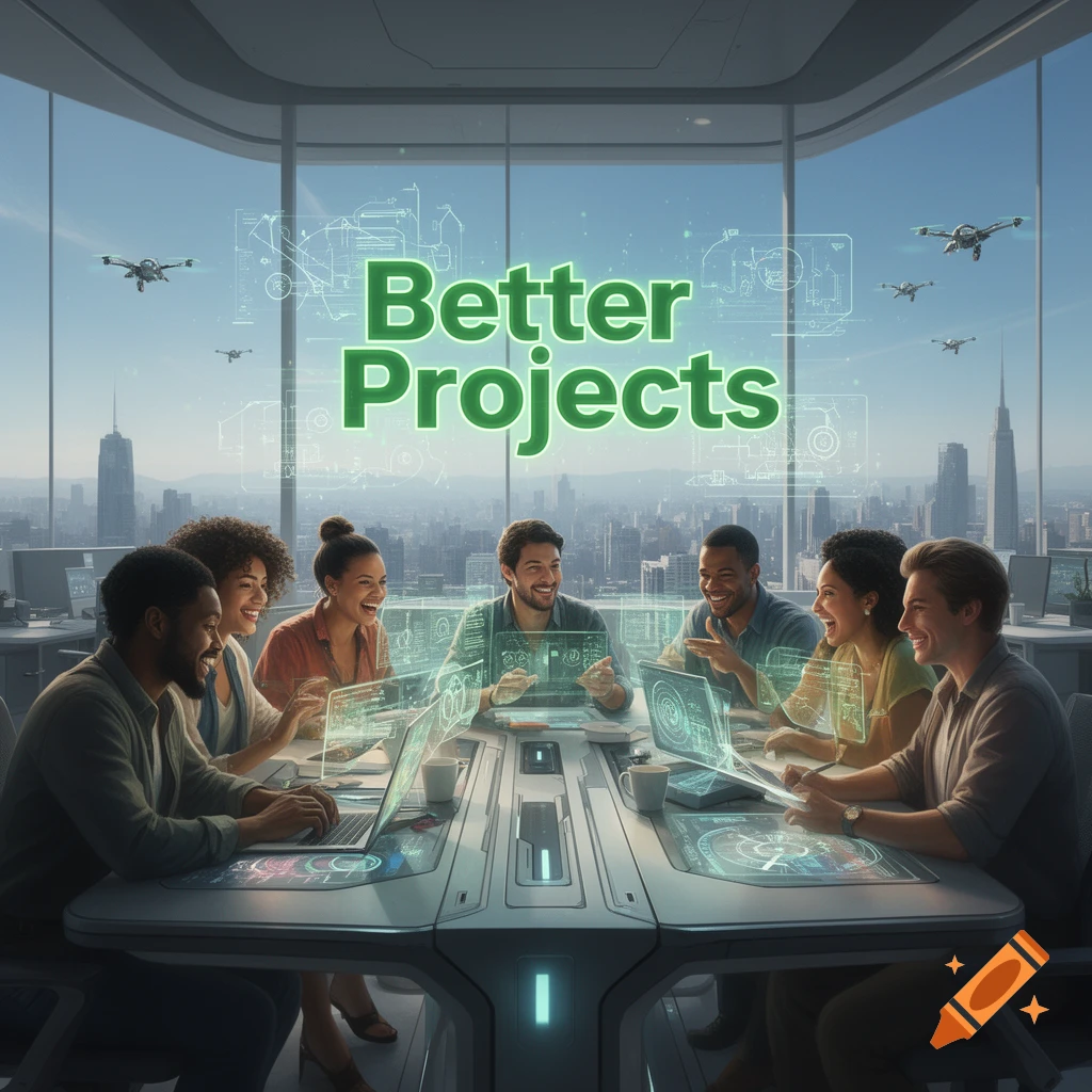 Diverse professionals in a modern office with a city view, using holographic technology and laptops for a business meeting, with text 'Better Projects' and drones overhead.
