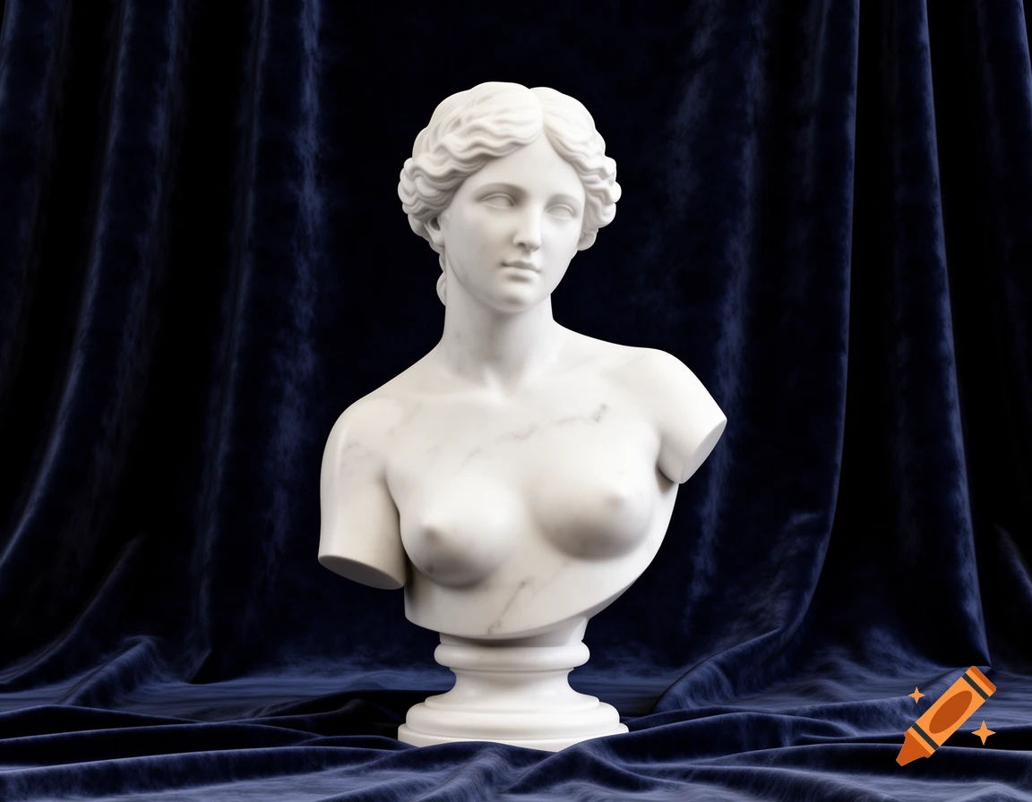 A photorealistic marble bust of a classical female figure, depicting head and torso, against a dark blue velvet drapery.
