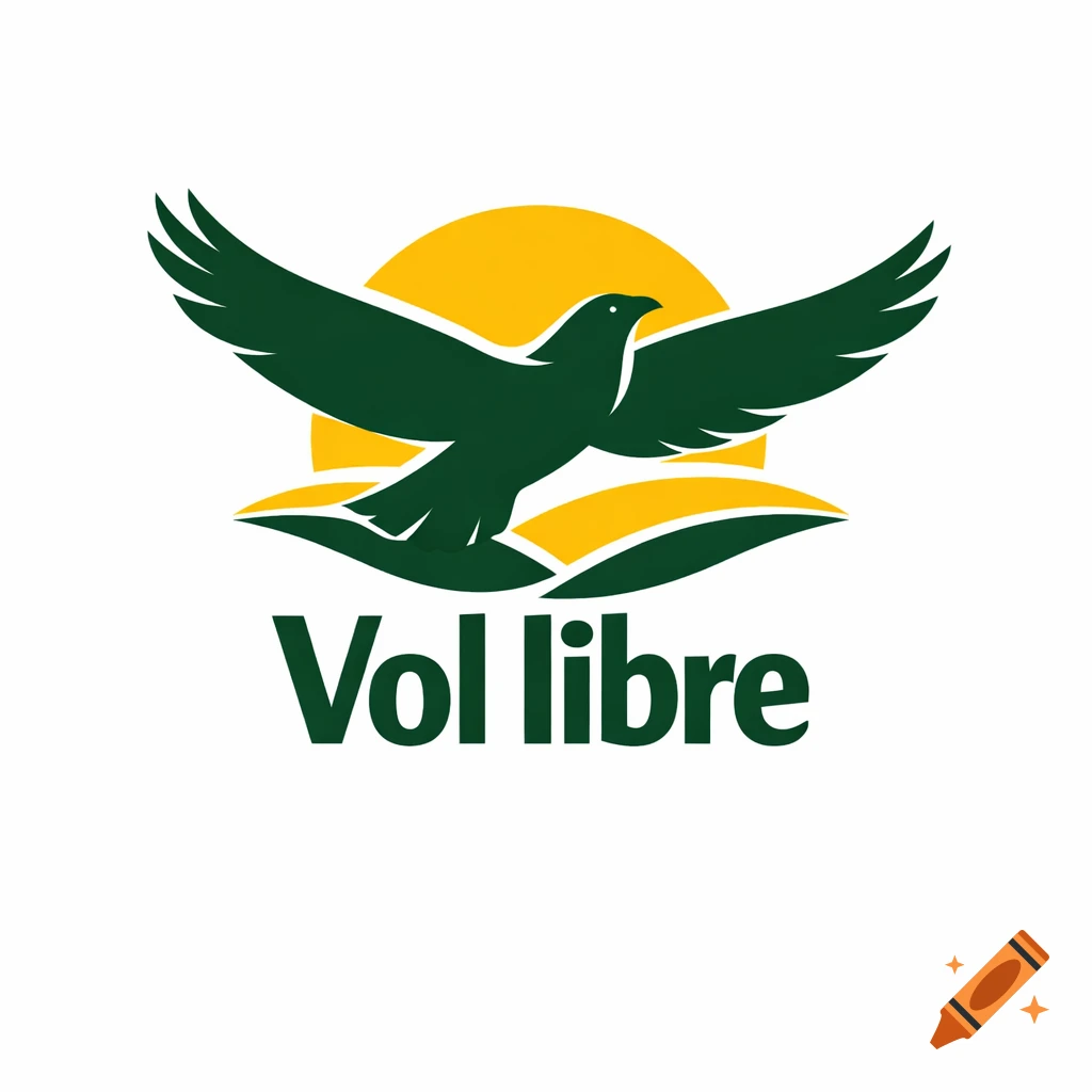 A logo featuring a dark green bird with spread wings flying over a yellow sun, with the text 'Vol libre' below.