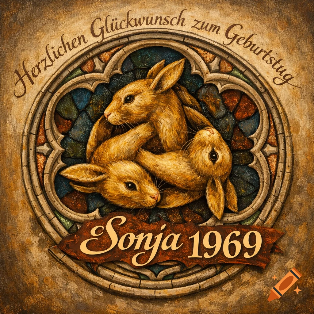 A stylized image featuring three golden-brown rabbits with interconnected ears, set within a circular, stained-glass-like frame. Text above reads "Herzlichen Glückwunsch zum Geburtstag" and a banner below says "Sonja 1969".