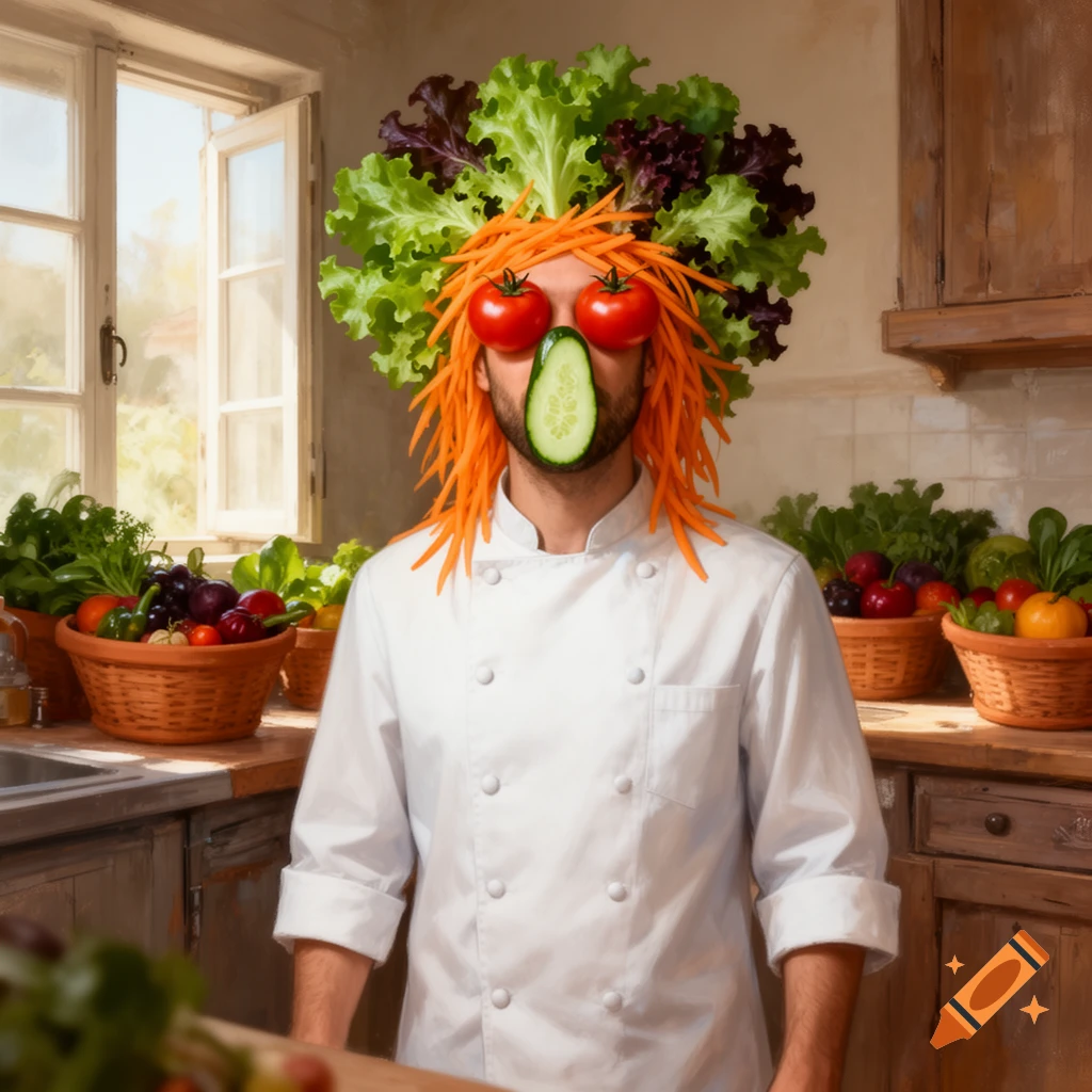 A chef with a head made of carrots, lettuce, tomatoes, and a cucumber slice stands in a kitchen surrounded by fresh produce.