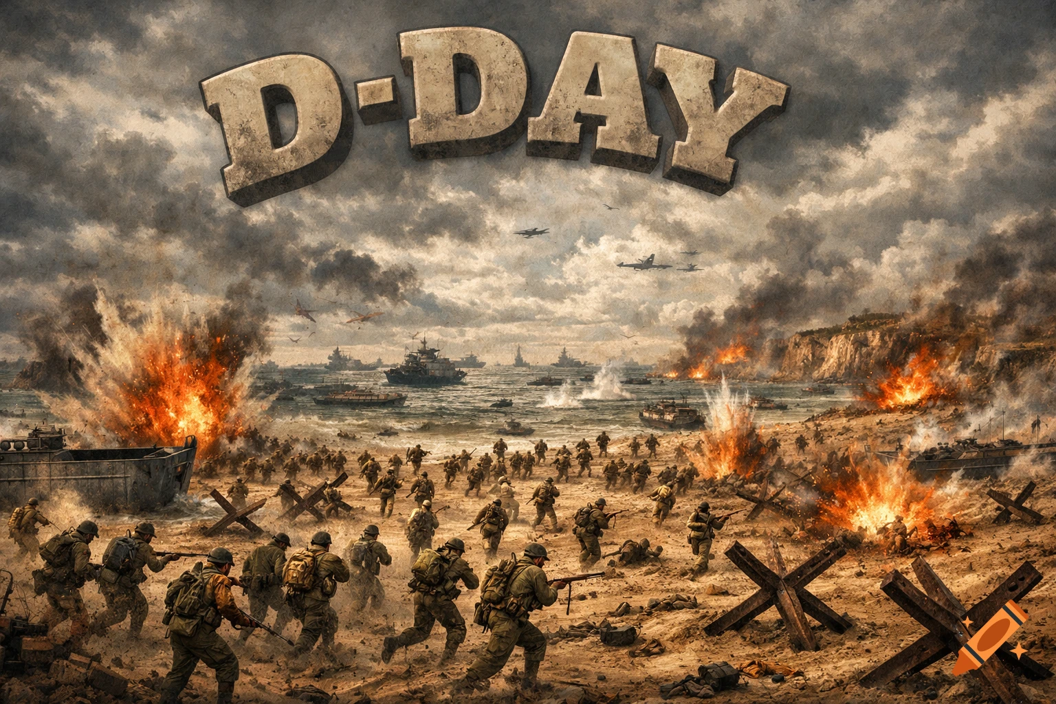 Dramatic illustration of the D-Day beach landing, with soldiers running amidst explosions, battleships at sea, and 'D-DAY' text at the top.