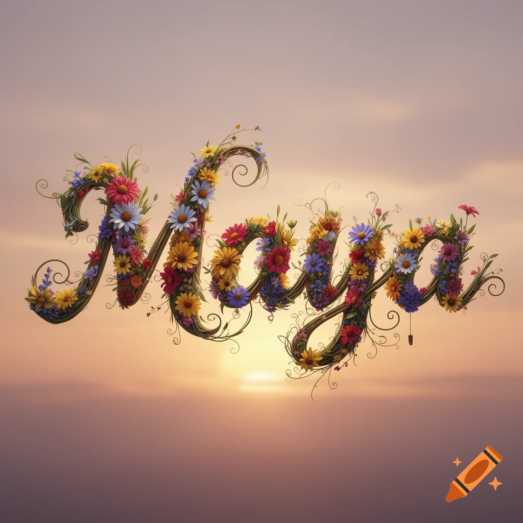 The name Maya spelled out with colorful flowers and vines against a sunset sky.