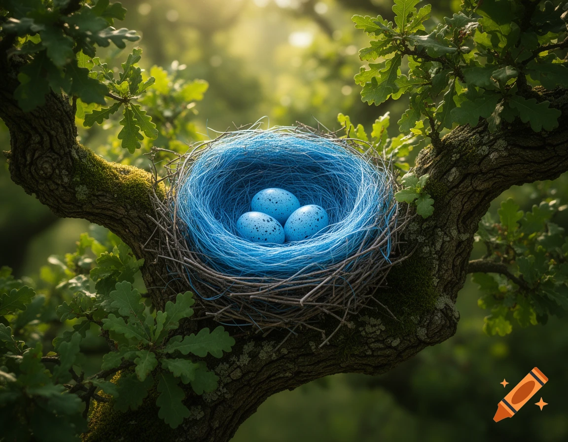 A vibrant blue bird's nest with three speckled blue eggs rests on a mossy tree branch amidst lush green leaves and soft sunlight.