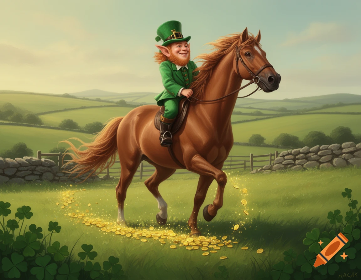 A smiling leprechaun in green rides a brown horse through rolling green hills, leaving a trail of gold coins and shamrocks.