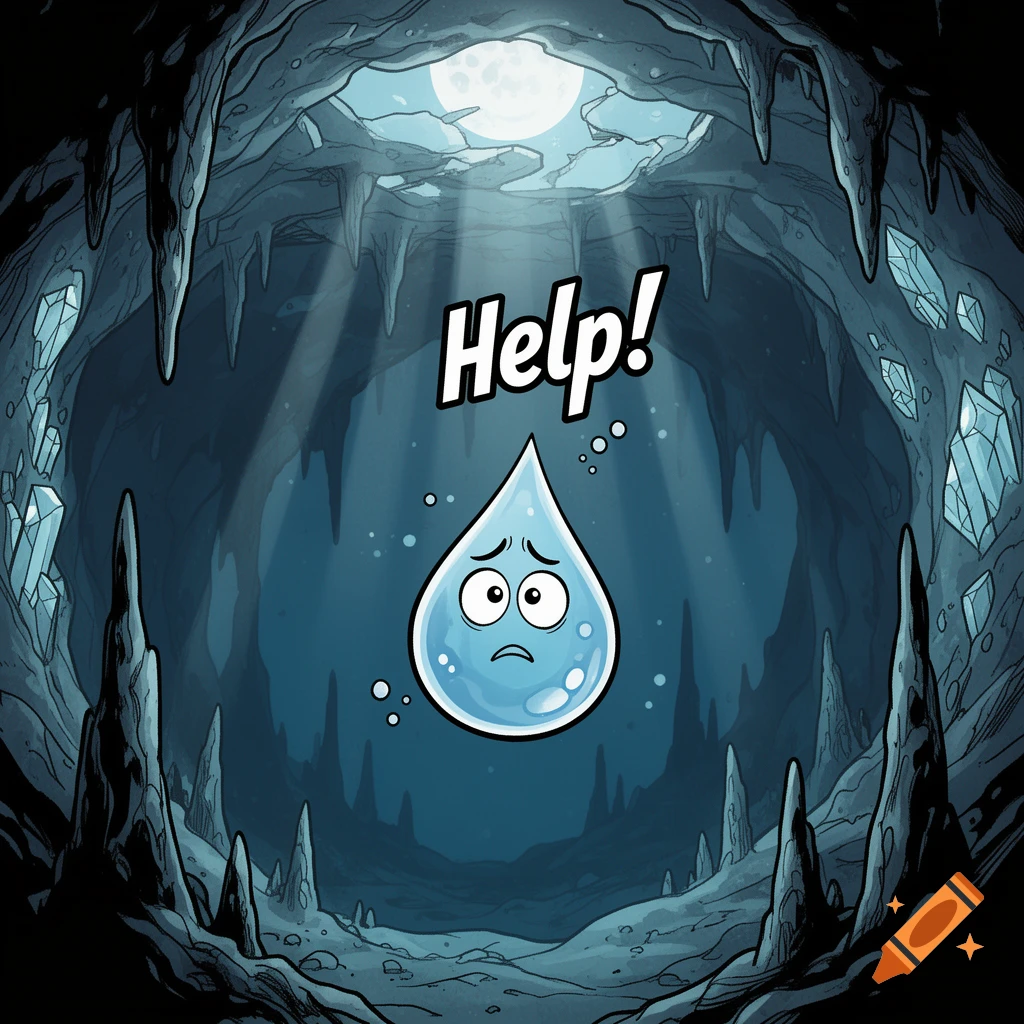 A worried cartoon water drop floats in a dark cave with crystals and stalactites, text 'Help!' above, comic style.