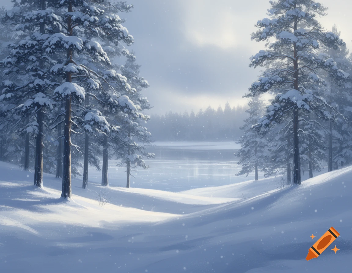 A serene winter landscape with snow-covered pine trees framing a frozen lake under a soft, cloudy sky.