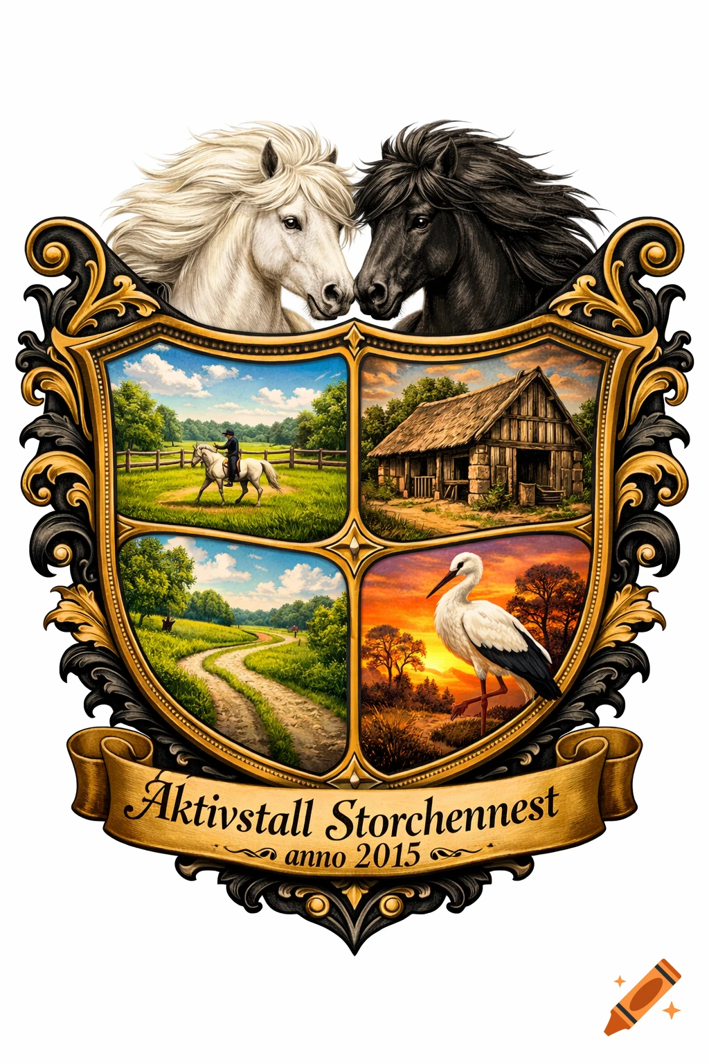 A detailed coat of arms featuring a white and a black horse, with four scenic panels of rural life and a banner reading 'Aktivstall Storchennest anno 2015'.